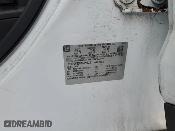 2011 GMC Terrain SLT-1 with VIN 2CTFLVEC8B6428320, listed as a Copart auction lot 45461105 with 120,109 mi miles and Salvage title. Bid and sale history available at DreamBid. Image 15.