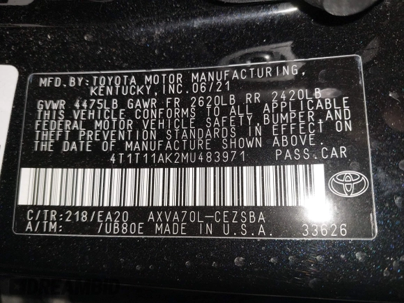 2021 Toyota Camry SE Nightshade with VIN 4T1T11AK2MU483971, listed as a IAAI auction lot 41934957 with 61,618 mi miles and . Bid and sale history available at DreamBid. Image 9.