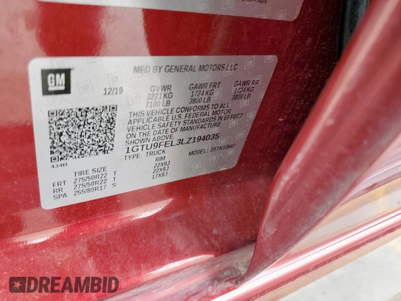 2020 GMC Sierra 1500 Denali z VIN 1GTU9FEL3LZ194035, wystawiony jako Copart lot #57321105 z przebiegiem 52 469 mil mil oraz Szkoda całkowita • Salvage title. Historia ofert i sprzedaży dostępna na DreamBid. Obrazek 12.