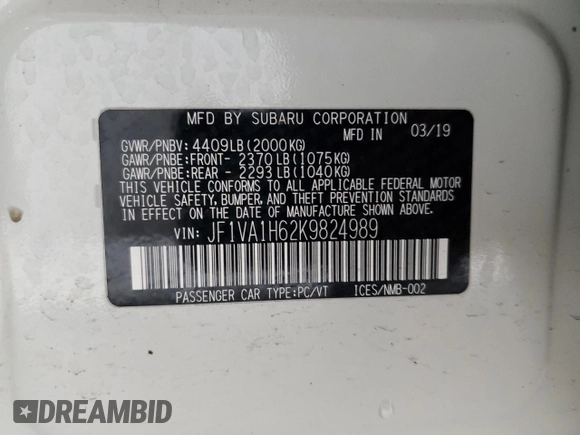 2019 Subaru WRX Limited with VIN JF1VA1H62K9824989, listed as a Copart auction lot 52354105 with 61,475 mi miles and Salvage Title. Bid and sale history available at carsss.com. Image 12.