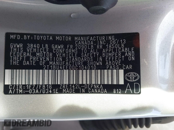 2013 Toyota Corolla L with VIN 2T1BU4EE0DC104010, listed as a IAAI auction lot 41473768 with 67,808 mi miles. Bid and sale history available at carsss.com. Image 9.
