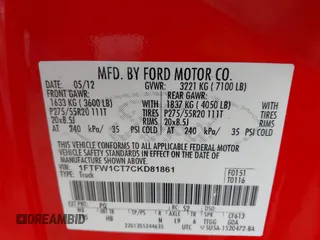 2012 Ford F-150 XL with VIN 1FTFW1CT7CKD81861, listed as a IAAI auction lot 41891847 with 116,262 mi miles. Bid and sale history available at carsss.com. Image 9.