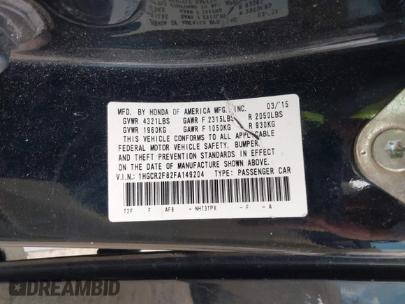 2015 Honda Accord EX-L with VIN 1HGCR2F82FA149204, listed as a IAAI auction lot 41962890 with 218,248 mi miles and . Bid and sale history available at DreamBid. Image 9.