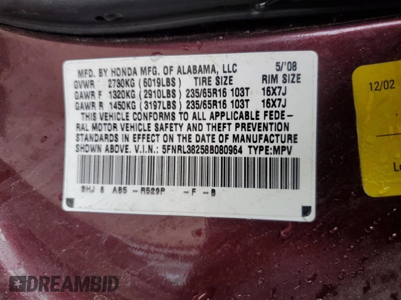 2008 Honda Odyssey LX with VIN 5FNRL38258B080964, listed as a Copart auction lot 59221895 with 168,359 mi miles and Salvage title. Bid and sale history available at DreamBid. Image 13.