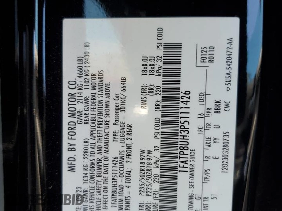 2023 Ford Mustang EcoBoost с VIN 1FATP8UH3P5111426, выставлен на аукционе Copart как лот 60742125 с пробегом 37 951 миль миль и Списание • Salvage title. История ставок и продаж доступна на DreamBid. Изображение 12.