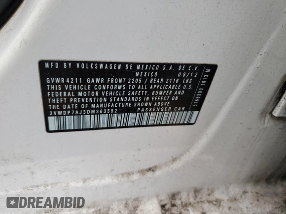 2013 Volkswagen Jetta SE с VIN 3VWDP7AJ3DM363552, выставлен на аукционе Copart как лот 57640685 с пробегом Не указан миль и Списание • Salvage title. История ставок и продаж доступна на DreamBid. Изображение 12.