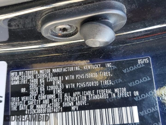 2015 Toyota Venza XLE z VIN 4T3ZK3BB9FU074071, wystawiony jako Copart lot #83414804 z przebiegiem Nie podano mil oraz Szkoda całkowita • Salvage title. Historia ofert i sprzedaży dostępna na DreamBid. Obrazek 15.