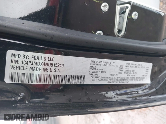 2022 Jeep Cherokee Limited с VIN 1C4PJMDX4ND515240, выставлен на аукционе IAAI как лот 41036664 с пробегом 42 794 миль миль и . История ставок и продаж доступна на DreamBid. Изображение 9.