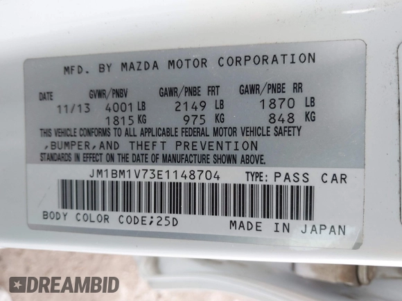 2014 Mazda 3 i Touring with VIN JM1BM1V73E1148704, listed as a IAAI auction lot 41827100 with 52,190 mi miles and . Bid and sale history available at DreamBid. Image 9.