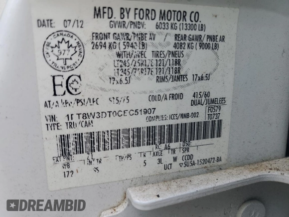 2012 Ford F-350 XL with VIN 1FT8W3DT0CEC51907, listed as a Copart auction lot 59849374 with 220,569 mi miles and Salvage Title. Bid and sale history available at DreamBid. Image 14.