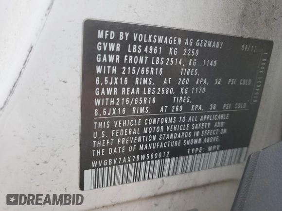 2011 Volkswagen Tiguan SE с VIN WVGBV7AX7BW560012, выставлен на аукционе Copart как лот 63031455 с пробегом 123 167 миль миль и Чистый • Clean title. История ставок и продаж доступна на DreamBid. Изображение 13.