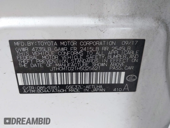2017 Lexus IS 300 z VIN JTHCM1D21H5025621, wystawiony jako IAAI lot #42121222 z przebiegiem 81 709 mil mil oraz . Historia ofert i sprzedaży dostępna na DreamBid. Obrazek 9.