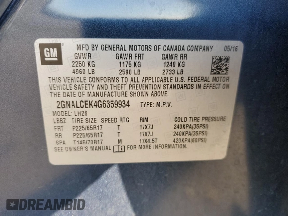 2016 Chevrolet Equinox LT with VIN 2GNALCEK4G6359934, listed as a Copart auction lot 85368734 with 173,658 mi miles and Salvage Title. Bid and sale history available at carsss.com. Image 13.