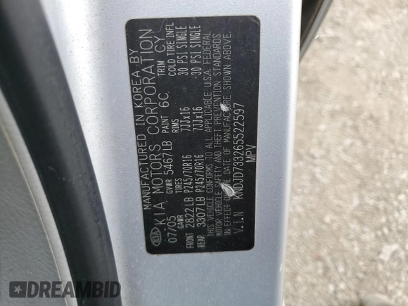 2006 Kia Sorento LX with VIN KNDJD733265522597, listed as a Copart auction lot 53667805 with 97,823 mi miles and Salvage Title. Bid and sale history available at DreamBid. Image 13.