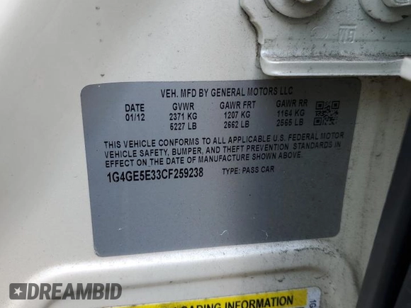 2012 Buick LaCrosse Premium 1 with VIN 1G4GE5E33CF259238, listed as a Copart auction lot 63267575 with 255,781 mi miles and Salvage title. Bid and sale history available at DreamBid. Image 12.