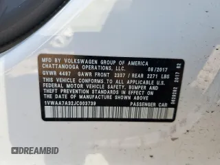 2018 Volkswagen Passat S z VIN 1VWAA7A32JC003739, wystawiony jako Copart lot #54166125 z przebiegiem 74 957 mil mil oraz Szkoda całkowita • Salvage title. Historia ofert i sprzedaży dostępna na DreamBid. Obrazek 12.