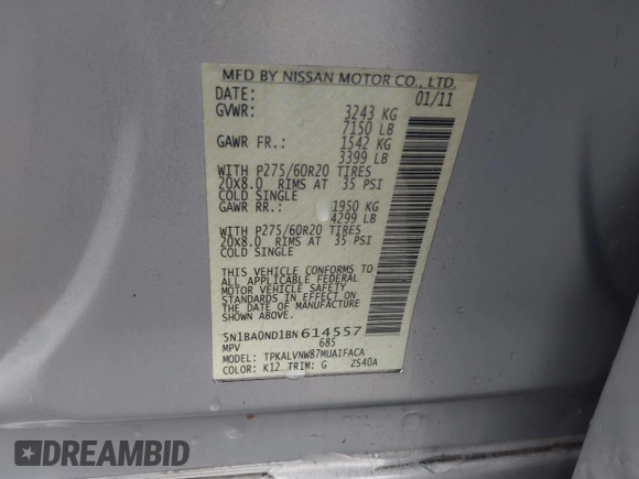 2011 Nissan Armada SV z VIN 5N1BA0ND1BN614557, wystawiony jako IAAI lot #42231768 z przebiegiem 206 358 mil mil oraz . Historia ofert i sprzedaży dostępna na DreamBid. Obrazek 9.