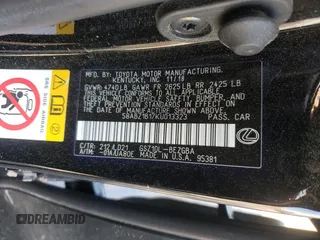 2019 Lexus ES 350 with VIN 58ABZ1B17KU013323, listed as a Copart auction lot 50030205 with 82,549 mi miles and Salvage Title. Bid and sale history available at DreamBid. Image 13.