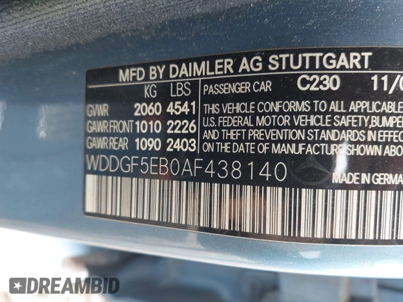 2010 Mercedes-Benz C 300 Sport with VIN WDDGF5EB0AF438140, listed as a IAAI auction lot 42497259 with 185,213 mi miles and . Bid and sale history available at DreamBid. Image 9.