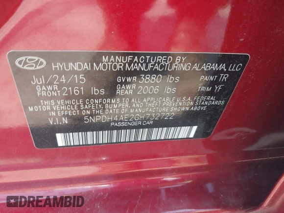 2016 Hyundai Elantra SE with VIN 5NPDH4AE2GH732722, listed as a IAAI auction lot 42408893 with 76,000 mi miles and . Bid and sale history available at DreamBid. Image 9.