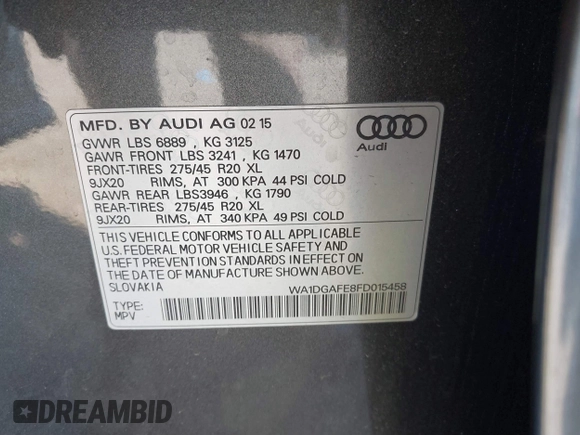 2015 Audi Q7 3.0T S line Prestige with VIN WA1DGAFE8FD015458, listed as a IAAI auction lot 41753940 with 62,233 mi miles. Bid and sale history available at carsss.com. Image 9.