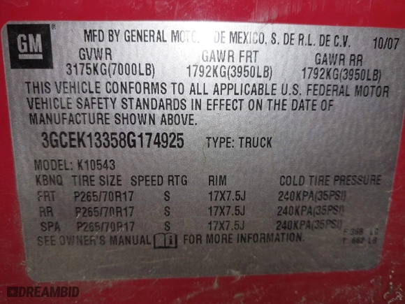 2008 Chevrolet Silverado 1500 LTZ with VIN 3GCEK13358G174925, listed as a IAAI auction lot 41551571 with 212,718 mi miles. Bid and sale history available at carsss.com. Image 9.