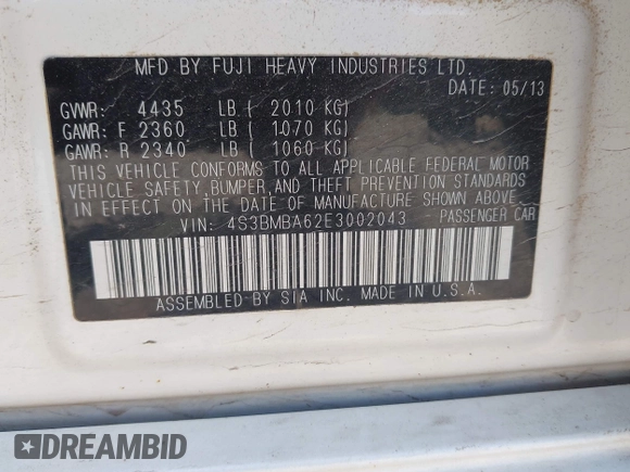 2014 Subaru Legacy 2.5i with VIN 4S3BMBA62E3002043, listed as a IAAI auction lot 42376986 with 125,214 mi miles and . Bid and sale history available at DreamBid. Image 9.