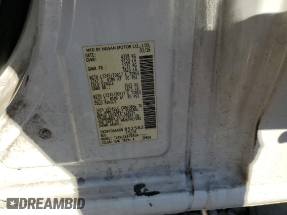 2016 Nissan NV S z VIN 5BZBF0AAXGN852562, wystawiony jako Copart lot #72260334 z przebiegiem 131 898 mil mil oraz Szkoda całkowita • Salvage title. Historia ofert i sprzedaży dostępna na DreamBid. Obrazek 15.