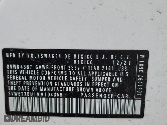 2021 Volkswagen Jetta GLI S with VIN 3VW6T7BU1MM104359, listed as a Copart auction lot 47776285 with 15,776 mi miles and Salvage Title. Bid and sale history available at DreamBid. Image 12.