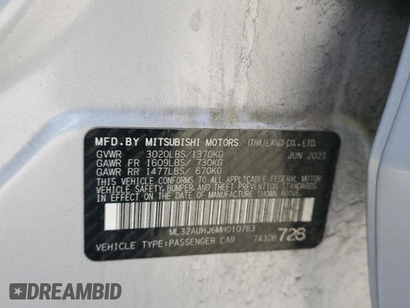 2021 Mitsubishi Mirage ES with VIN ML32AUHJ6MH010763, listed as a Copart auction lot 53855315 with 72,486 mi miles and Salvage title. Bid and sale history available at DreamBid. Image 12.