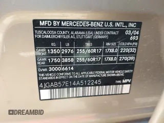 2004 Mercedes-Benz M 350 with VIN 4JGAB57E14A512245, listed as a IAAI auction lot 42452747 with 198,021 mi miles and . Bid and sale history available at DreamBid. Image 9.