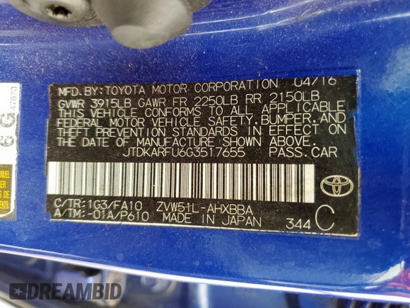 2016 Toyota Prius Four with VIN JTDKARFU6G3517655, listed as a Copart auction lot 57149395 with 152,005 mi miles and Clean title. Bid and sale history available at DreamBid. Image 12.