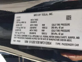 2022 Tesla Model 3 Long Range with VIN 5YJ3E1EB1NF313954, listed as a IAAI auction lot 41248187 with 31,247 mi miles and . Bid and sale history available at DreamBid. Image 9.
