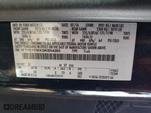 2016 Ford Transit Cargo с VIN 1FTYE1YMXGKB54280, выставлен на аукционе Copart как лот 55707995 с пробегом 212 116 миль миль и Чистый • Clean title. История ставок и продаж доступна на DreamBid. Изображение 13.