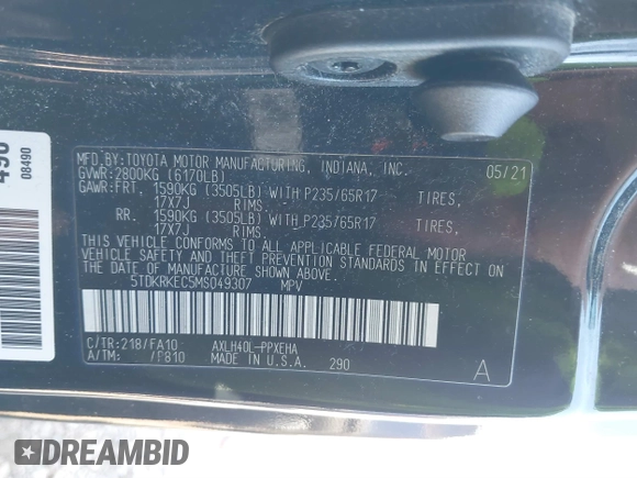 2021 Toyota Sienna LE с VIN 5TDKRKEC5MS049307, выставлен на аукционе IAAI как лот 40654172 с пробегом 172 693 миль миль и . История ставок и продаж доступна на DreamBid. Изображение 9.