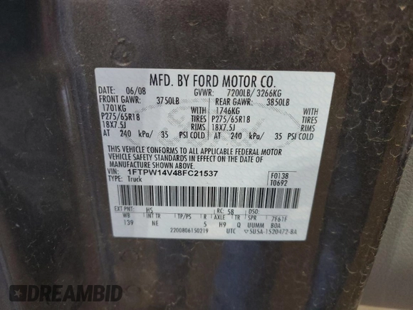 2008 Ford F-150 XLT с VIN 1FTPW14V48FC21537, выставлен на аукционе Copart как лот 61409475 с пробегом 200 701 миль миль и Чистый • Clean title. История ставок и продаж доступна на DreamBid. Изображение 12.