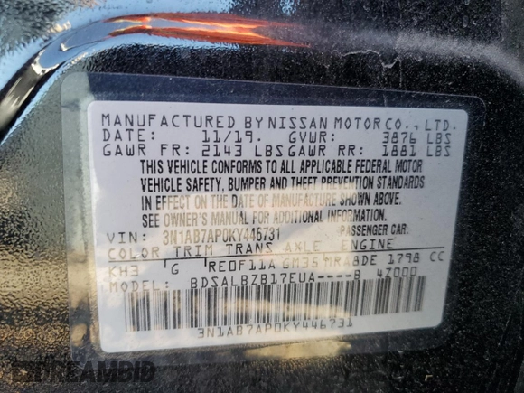 2019 Nissan Sentra S with VIN 3N1AB7AP0KY446731, listed as a Copart auction lot 46526435 with 66,421 mi miles and Non Repairable. Bid and sale history available at carsss.com. Image 12.