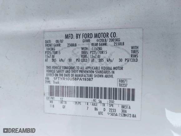 2008 Ford Ranger XL with VIN 1FTYR10U58PA19387, listed as a IAAI auction lot 42023309 with 62,600 mi miles. Bid and sale history available at carsss.com. Image 9.