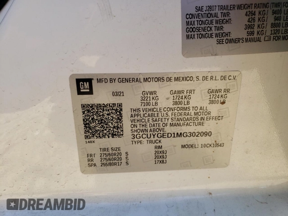 2021 Chevrolet Silverado 1500 LTZ with VIN 3GCUYGED1MG302090, listed as a Copart auction lot 47134305 with 91,830 mi miles and Salvage Title. Bid and sale history available at DreamBid. Image 12.