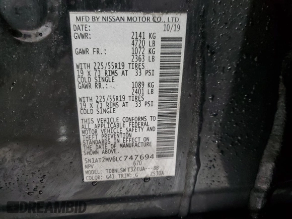 2020 Nissan Rogue SL with VIN 5N1AT2MV6LC747694, listed as a Copart auction lot 44685905 with 55,788 mi miles and Salvage Title. Bid and sale history available at DreamBid. Image 15.