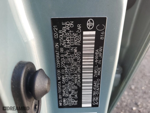 2021 Toyota Prius L Eco with VIN JTDKAMFU8M3143970, listed as a Copart auction lot 50062435 with 49,153 mi miles and Salvage Title. Bid and sale history available at carsss.com. Image 12.