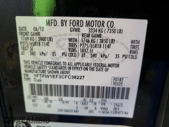 2012 Ford F-150 XL with VIN 1FTFW1EF3CFC38227, listed as a Copart auction lot 54176145 with 161,670 mi miles and Salvage Title. Bid and sale history available at carsss.com. Image 12.