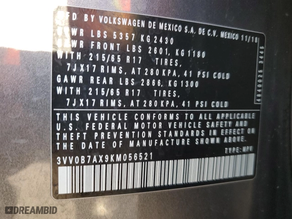 2019 Volkswagen Tiguan S with VIN 3VV0B7AX9KM056521, listed as a Copart auction lot 50562535 with 70,999 mi miles and Salvage Title. Bid and sale history available at carsss.com. Image 14.