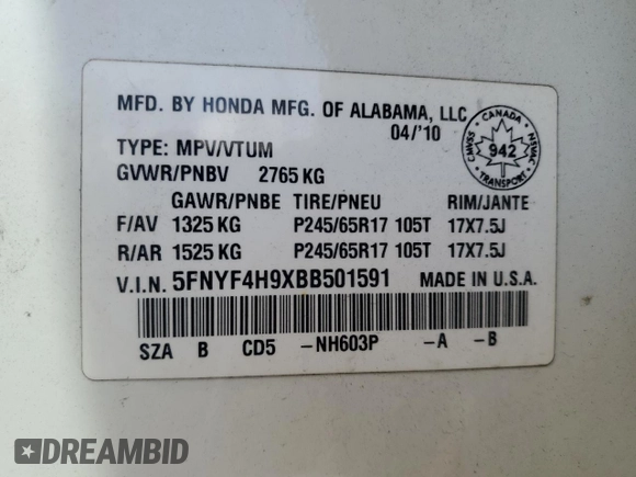 2011 Honda Pilot Touring with VIN 5FNYF4H9XBB501591, listed as a Copart auction lot 53694265 with 244,844 mi miles and Salvage Title. Bid and sale history available at DreamBid. Image 14.