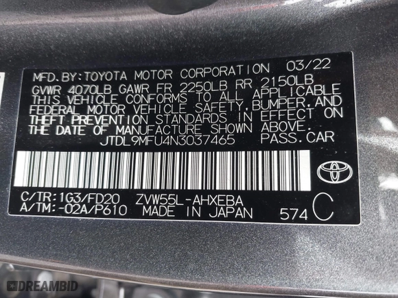 2022 Toyota Prius LE with VIN JTDL9MFU4N3037465, listed as a IAAI auction lot 41354802 with 45,674 mi miles. Bid and sale history available at carsss.com. Image 9.