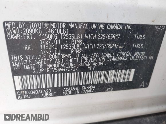 2024 Toyota RAV4 XLE with VIN 2T3P1RFV5RW473727, listed as a IAAI auction lot 42222478 with 19,764 mi miles and . Bid and sale history available at DreamBid. Image 9.