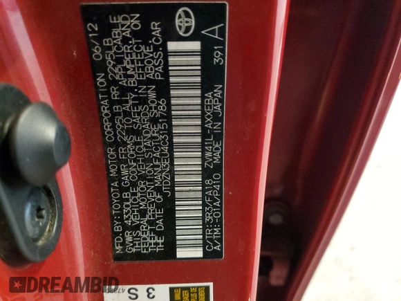 2012 Toyota Prius Two with VIN JTDZN3EU4C3151786, listed as a Copart auction lot 45733625 with 245,024 mi miles and Salvage Title. Bid and sale history available at DreamBid. Image 12.