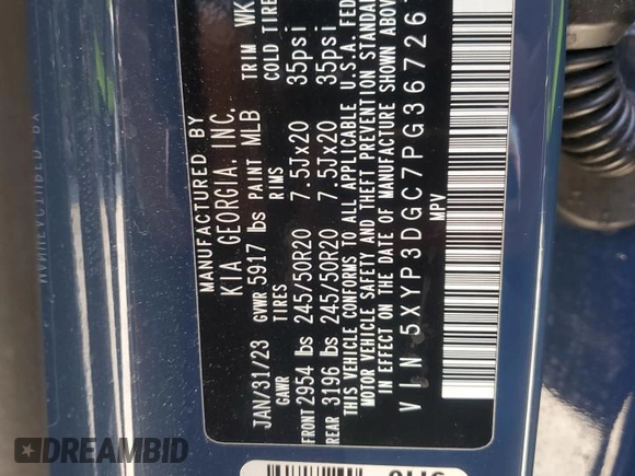 2023 Kia Telluride EX X-Line with VIN 5XYP3DGC7PG367267, listed as a Copart auction lot 59660465 with 33,747 mi miles and Salvage title. Bid and sale history available at DreamBid. Image 14.