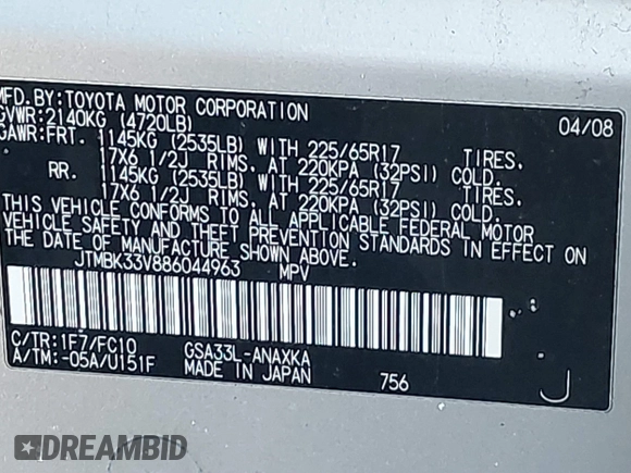 2008 Toyota RAV4 with VIN JTMBK33V886044963, listed as a IAAI auction lot 41633091 with 128,033 mi miles. Bid and sale history available at carsss.com. Image 9.