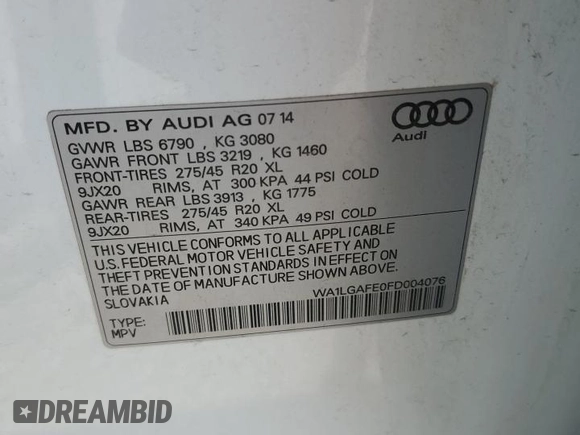 2015 Audi Q7 Premium Plus with VIN WA1LGAFE0FD004076, listed as a Copart auction lot 62591485 with 70,508 mi miles and Salvage title. Bid and sale history available at DreamBid. Image 13.
